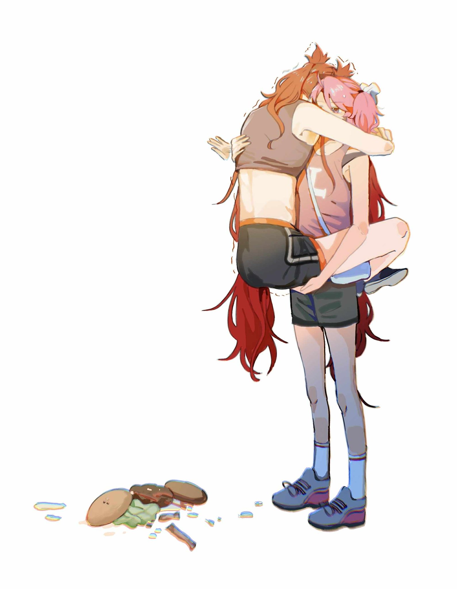 kid sppinarl, jinx (league of legends), lux (league of legends), star guardian (league of legends), star guardian jinx, star guardian lux, league of legends, highres, 2girls, black shorts, burger, carrying, carrying person, food, grey sports bra, hug, long hair, multiple girls, pink hair, purple tank top, red hair, short hair, shorts, simple background, socks, spill, sports bra, standing, tank top, twintails, white background, white socks, yuri