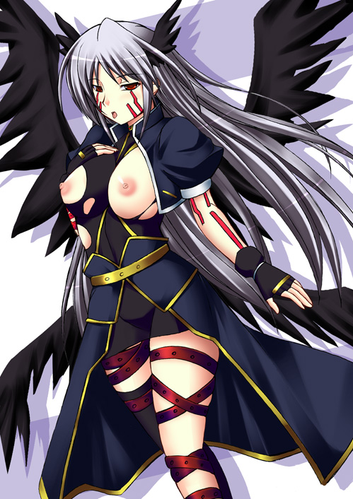 kuronezumi, reinforce, lyrical nanoha, mahou shoujo lyrical nanoha, mahou shoujo lyrical nanoha a's, silver hair, 00s, 1girl, black wings, breasts, facial mark, female focus, gloves, multiple wings, nipples, red eyes, solo, thighhighs, torn clothes, wings