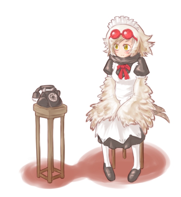 yabai, futaba channel, nijiura, nijiura maids, 1girl, corded phone, female focus, glasses, harpy, maid, monster girl, phone, simple background, solo, white background, winged arms, wings