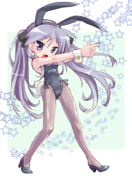 katahira masashi, hiiragi kagami, lucky star, 00s, 1girl, animal ears, fake animal ears, female focus, full body, high heels, legs apart, leotard, long hair, looking at viewer, open mouth, pantyhose, playboy bunny, purple eyes, purple hair, rabbit ears, shoes, solo, standing