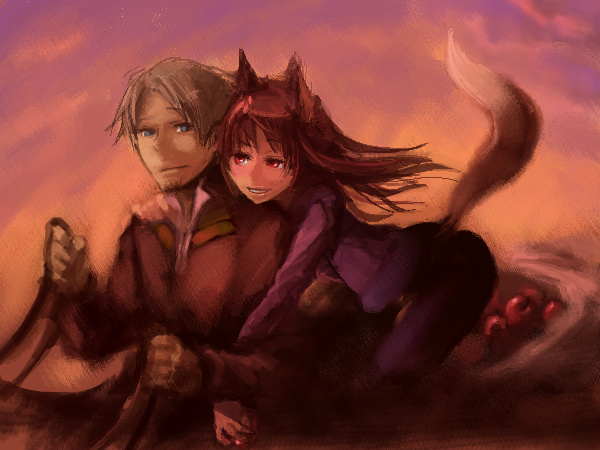 z-ton, craft lawrence, holo, spice and wolf, hand on shoulder, 00s, 1boy, 1girl, animal ears, apple, blue eyes, blush, brown hair, facial hair, food, fruit, goatee, grey hair, grin, holding, jacket, leaning forward, leaning on person, long hair, long sleeves, looking at another, multiple riders, red eyes, reins, riding, short hair, smile, tail, wolf ears, wolf tail