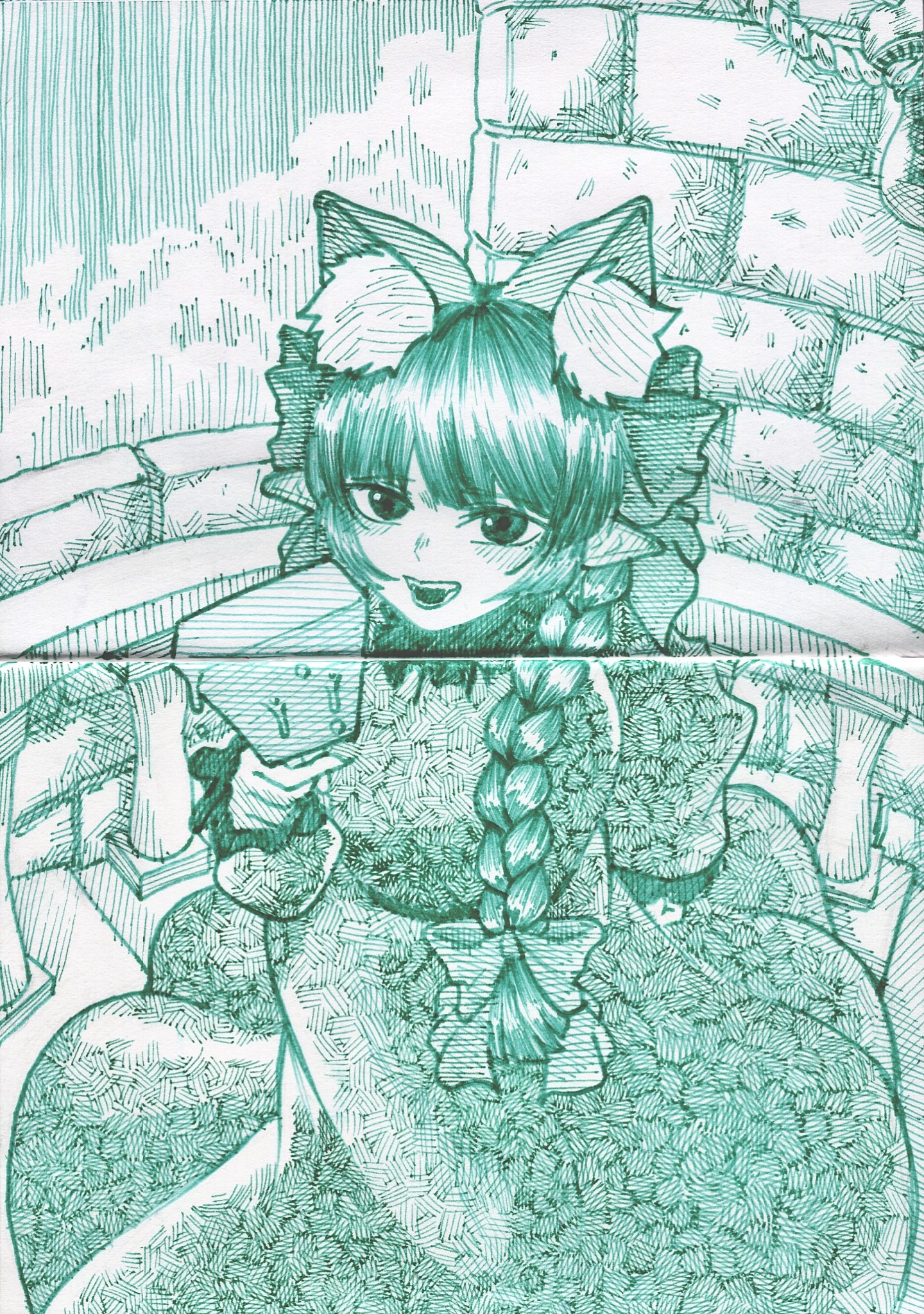 ni 0220, kaenbyou rin, touhou, commentary request, highres, traditional media, 1girl, animal ear fluff, animal ears, braid, cat ears, cat girl, dress, extra ears, food, green eyes, green hair, holding, holding food, holding popsicle, long hair, long sleeves, looking at viewer, outdoors, pointy ears, popsicle, side braids, solo, twin braids