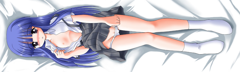 furude rika, higurashi no naku koro ni, artist request, 00s, 1girl, dakimakura (medium), female focus, flat chest, full body, loli, lying, panties, panty pull, solo, the bed, thigh gap, thighs, underwear