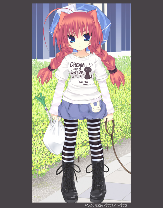 kanna ryouto, vita (nanoha), lyrical nanoha, mahou shoujo lyrical nanoha, mahou shoujo lyrical nanoha a's, 00s, 1girl, ahoge, beret, blue eyes, blue skirt, blush, braid, bush, clothes writing, contemporary, female focus, full body, hat, long hair, long sleeves, looking at viewer, miniskirt, outdoors, pantyhose, plant, shirt, skirt, solo, standing, striped clothes, striped pantyhose, t-shirt, text focus, twin braids, very long hair