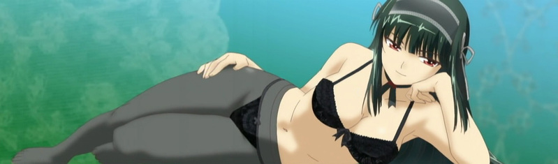 kuonji shinra, kimi ga aruji de shitsuji ga ore de, anime screenshot, stitched, third-party edit, 00s, 1girl, bra, breasts, cleavage, female focus, green hair, large breasts, legs, lingerie, lying, on side, panties, panties under pantyhose, pantyhose, red eyes, seductive smile, smile, solo, thighs, underwear, underwear only