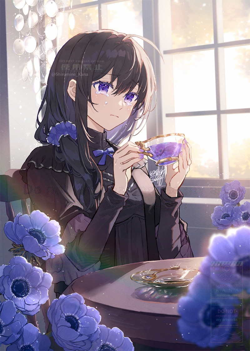 shiromine kana, original, commentary request, commission, skeb commission, 1girl, ahoge, black dress, black hair, blurry, blurry foreground, crying, crying with eyes open, cup, dress, flower, frown, holding, holding cup, indoors, long hair, purple eyes, purple flower, purple scrunchie, saucer, scrunchie, sidelocks, signature, spoon, table, teacup, tears, upper body, watermark, window