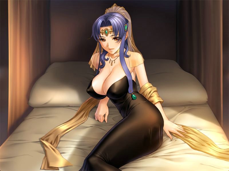 sano toshihide, furea, g.j?, queen bonjourno, game cg, 1girl, ass, bed, blue hair, breasts, cleavage, covered erect nipples, dress, female focus, gem, huge breasts, jewelry, legs, long legs, necklace, solo, thighs
