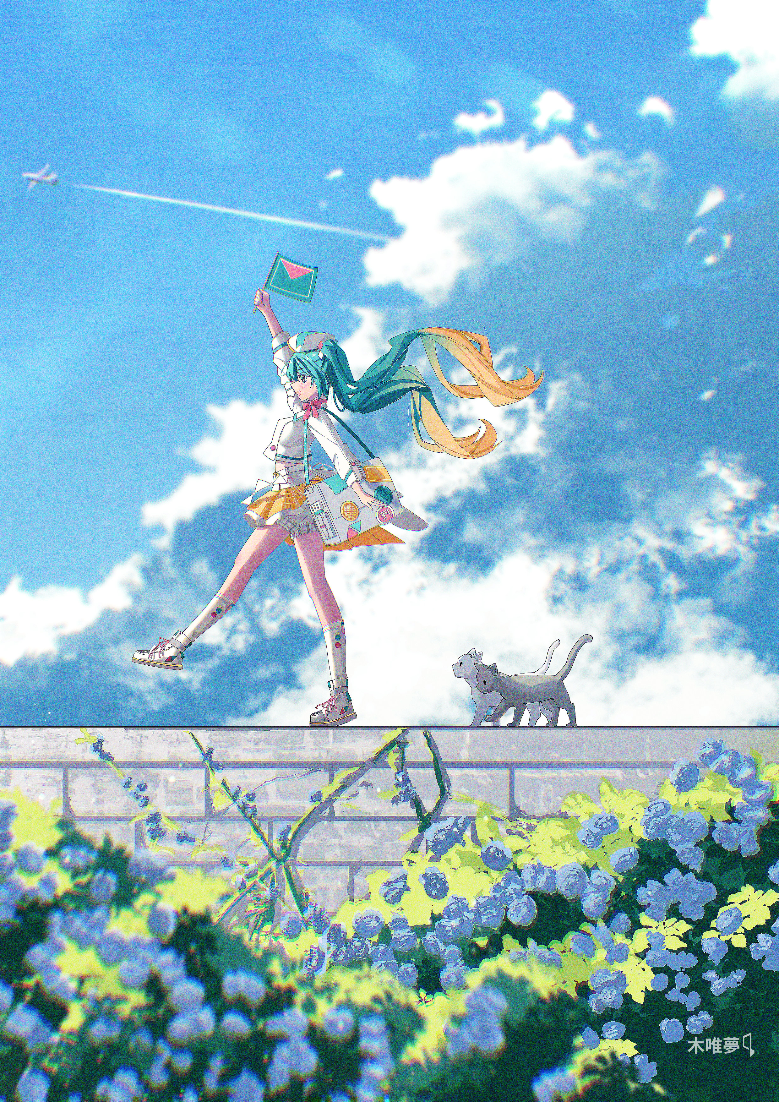 puyuyan, hatsune miku, magical mirai miku, magical mirai miku (2024), magical mirai (vocaloid), vocaloid, absurdres, chinese commentary, commentary, commentary request, english commentary, highres, mixed-language commentary, 1girl, 39, aircraft, airplane, aqua eyes, aqua hair, arm up, bag, blonde hair, blush, bow, cat, cloud, cropped jacket, flag, gradient hair, holding, holding flag, jacket, long sleeves, midriff, multicolored hair, official alternate costume, official alternate hairstyle, open mouth, pink bow, pleated skirt, shoes, shoulder bag, skirt, smile, walking, white jacket, white shoes, yellow skirt