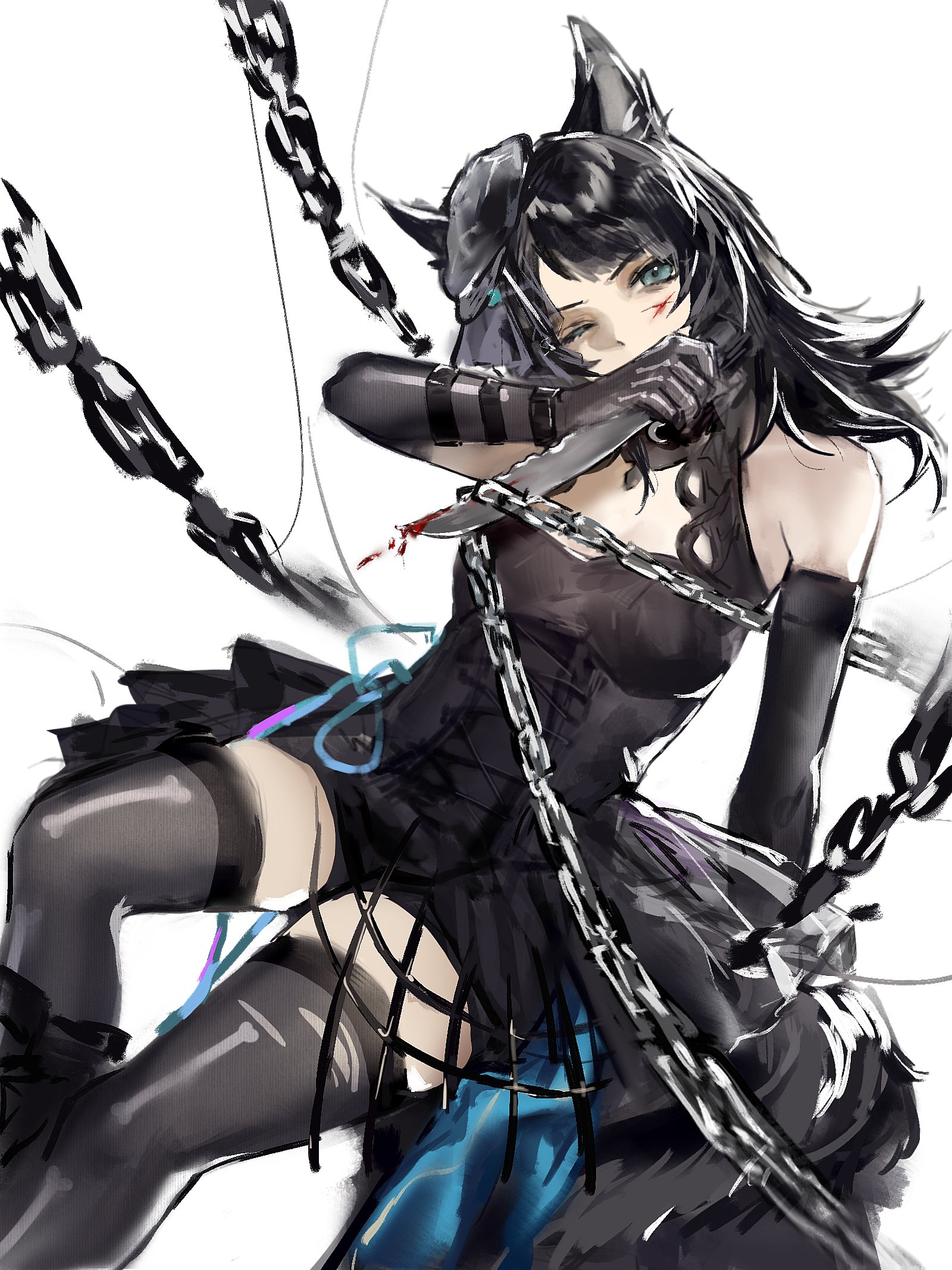 feiyu30903448, yahata umiri, arknights, bang dream!, bang dream! it's mygo!!!!!, highres, 1girl, animal ears, black dress, black gloves, black hat, black thighhighs, blood, blood on face, bloody weapon, blue eyes, dress, elbow gloves, gloves, hat, holding, holding knife, holding weapon, knife, looking at viewer, one eye closed, solo, strapless, strapless dress, tail, thighhighs, weapon, wolf ears, wolf girl, wolf tail, yahata umiri (moonlight executioner)