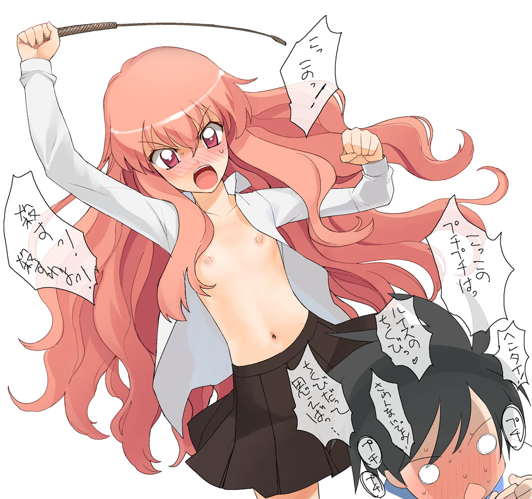 a1 (initial-g), hiraga saito, louise francoise le blanc de la valliere, zero no tsukaima, translated, 00s, 1boy, 1girl, angry, arm up, black hair, blush, chestnut mouth, clenched hand, dress shirt, dutch angle, flat chest, holding, loli, long hair, looking at another, navel, nipples, no bra, o o, open clothes, open mouth, open shirt, pink eyes, pink hair, pleated skirt, riding crop, shirt, simple background, skirt, sweat, very long hair, whip, white background