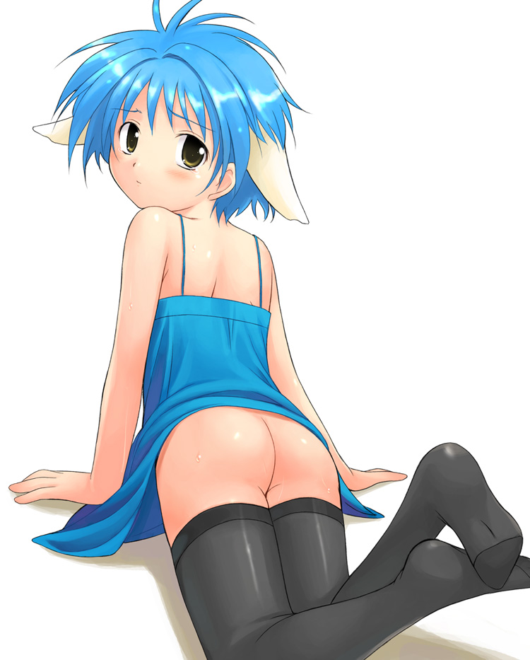 mint blancmanche, broccoli (company), galaxy angel, 00s, 1girl, ass, black thighhighs, blue skirt, clothes lift, feet, female focus, from behind, looking back, no panties, simple background, skirt, skirt lift, solo, thighhighs, white background