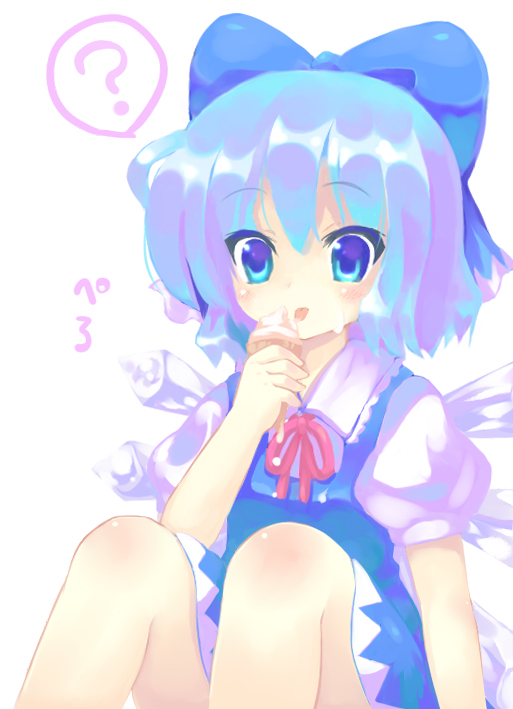 23, 23 (candy chapus), cirno, embodiment of scarlet devil, touhou, 1girl, bow, female focus, food, ice cream, solo