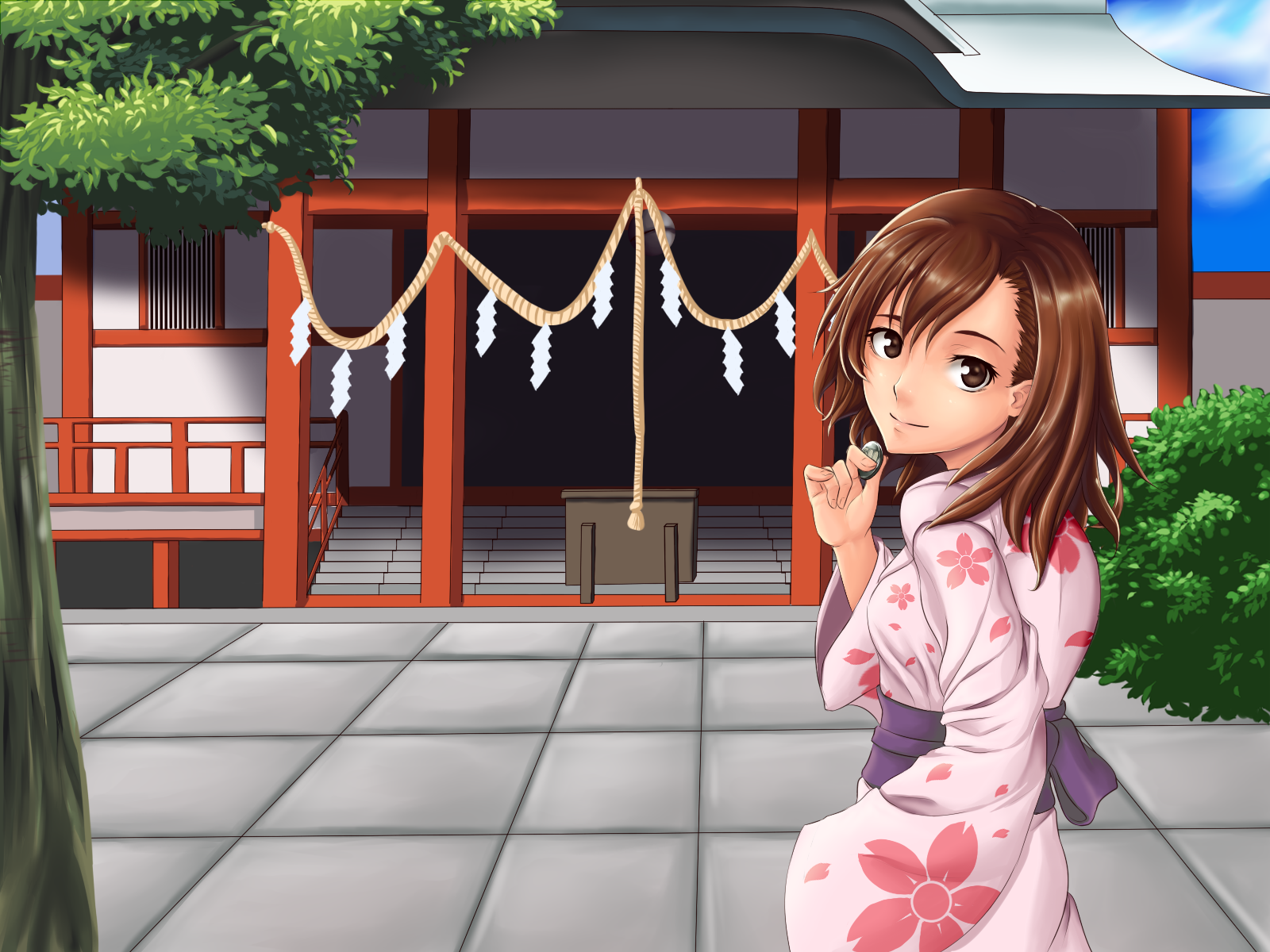 you xi feng, misaka mikoto, toaru kagaku no railgun, toaru majutsu no index, chinese commentary, commentary request, highres, 1girl, asymmetrical bangs, blue sky, box, breasts, brown eyes, brown hair, building, bush, closed mouth, cloud, coin, cowboy shot, day, donation box, floral print, from side, hair between eyes, hand up, holding, holding coin, japanese clothes, kimono, leaf, long sleeves, looking at viewer, medium hair, obi, outdoors, pink kimono, purple sash, railing, rope, sash, shide, shimenawa, shrine, sky, small breasts, solo, stairs, standing, stone floor, tree, wide sleeves, yukata