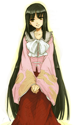 shikai (iesiki 56), houraisan kaguya, touhou, 1girl, black hair, blunt bangs, bow, bowtie, brown eyes, collarbone, female focus, long hair, long sleeves, looking at viewer, own hands together, red skirt, shikai, simple background, skirt, solo, v arms, very long hair, white background, white bow, white bowtie, wide sleeves