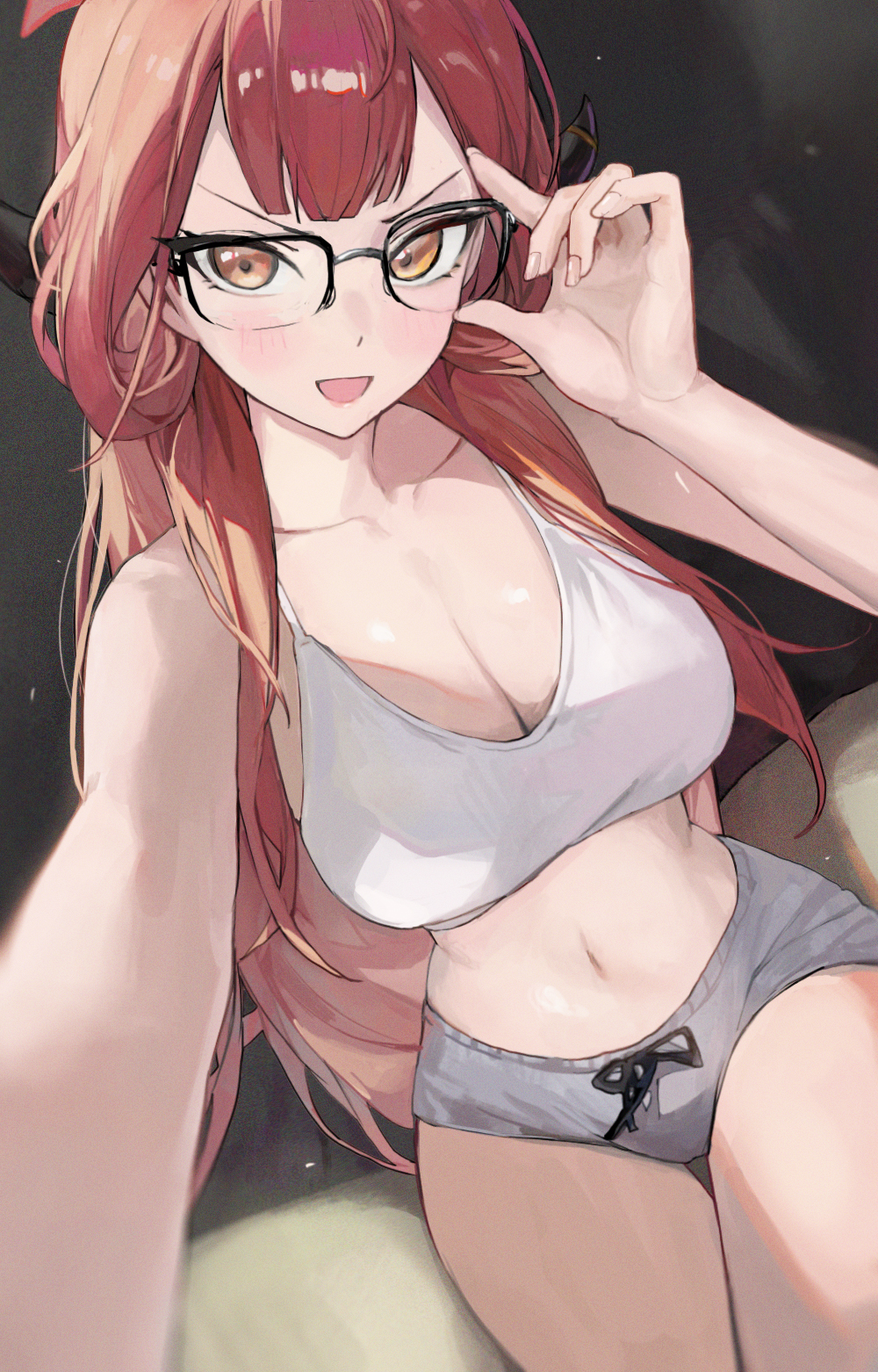 jianjia, aru (blue archive), blue archive, commentary request, highres, 1girl, black-framed eyewear, black horns, breasts, brown eyes, center-flap bangs, cleavage, collarbone, cowboy shot, double-parted bangs, fingernails, glasses, grey shorts, hair over shoulder, hand up, horns, large breasts, long hair, looking at viewer, micro shorts, navel, no shirt, open mouth, red hair, shorts, sitting, smile, sports bra, stomach, v-shaped eyebrows, very long hair, white sports bra