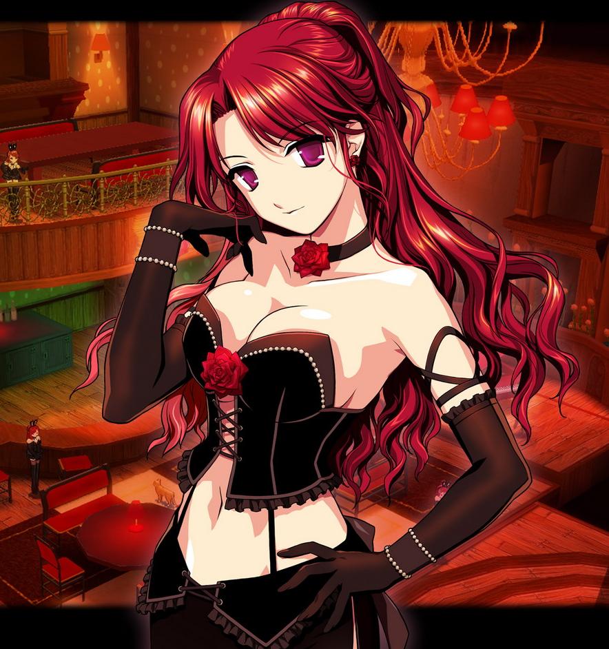 rua, mabinogi, 1girl, bracelet, breasts, cleavage, collar, elbow gloves, female focus, flower, garter belt, gloves, jewelry, large breasts, lingerie, long hair, ponytail, red hair, rose, solo, thighhighs, underwear