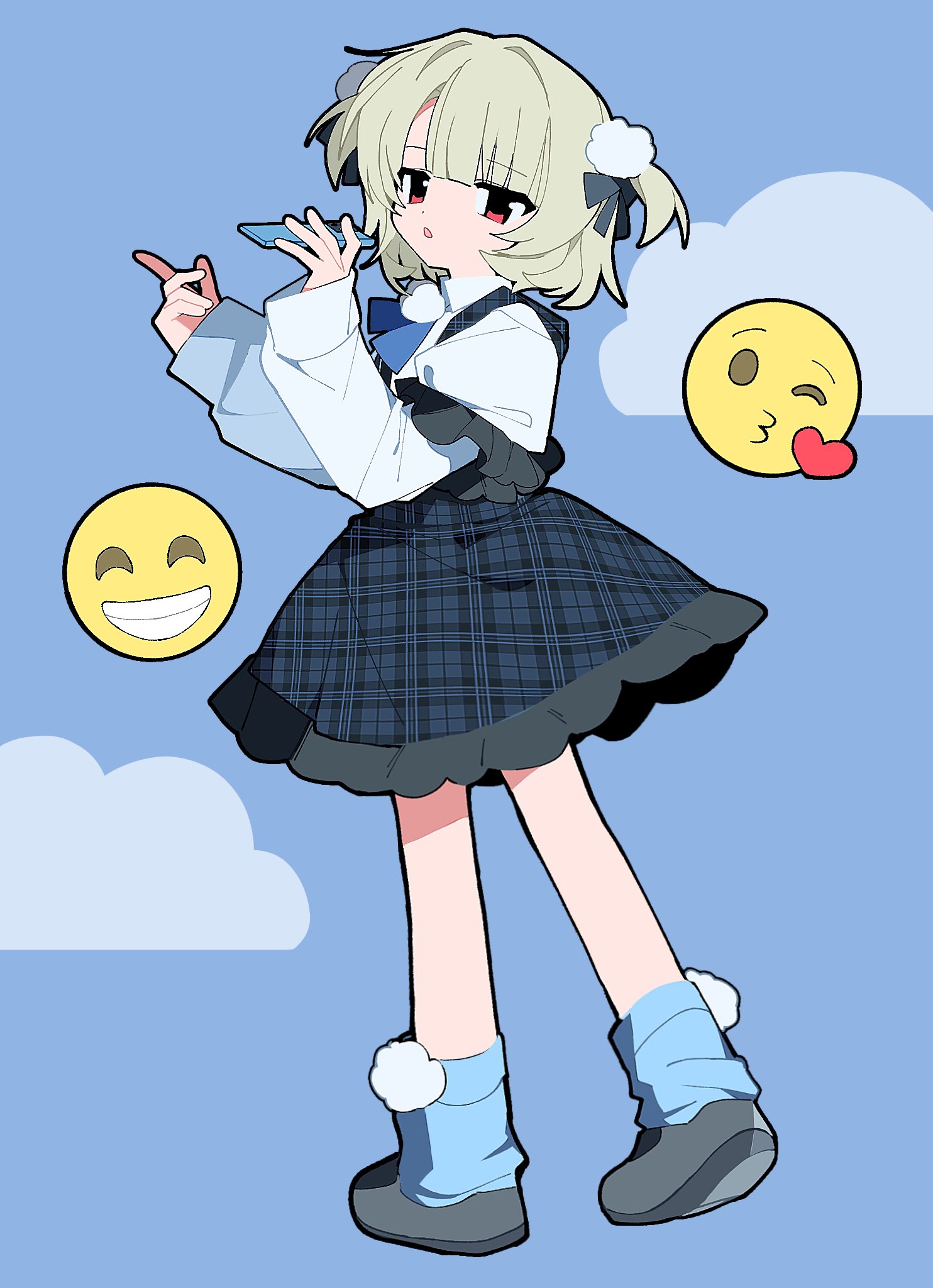 ui (voisona), o henji madakana ojisan koubun (voisona), voisona, highres, 1girl, black shoes, blue background, blue dress, blue ribbon, blue socks, capelet, cellphone, cloud, dress, emoji, hair ornament, hair ribbon, holding, holding phone, index finger raised, open mouth, phone, plaid clothes, plaid dress, pom pom (clothes), pom pom hair ornament, ribbon, shoes, simple background, sleep0 0sheep, smartphone, socks, solo, two side up, white capelet, white hair, white sleeves