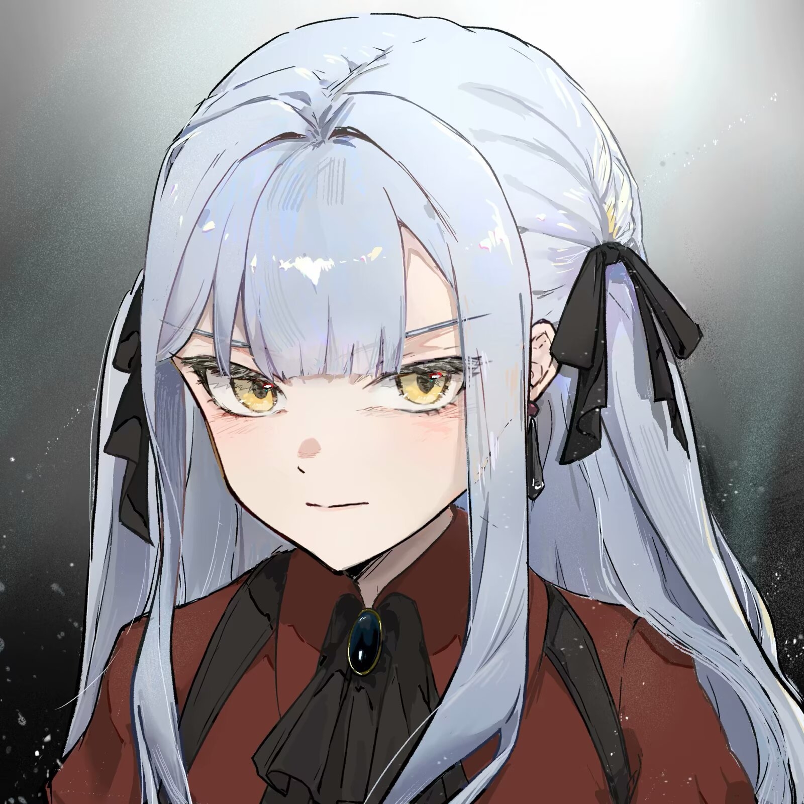 jingying, oblivionis (bang dream!), togawa sakiko, bang dream!, bang dream! it's mygo!!!!!, chinese commentary, commentary request, highres, 1girl, ascot, black ascot, black ribbon, blue hair, blunt bangs, closed mouth, collared shirt, earrings, hair ribbon, jewelry, long hair, looking at viewer, red shirt, ribbon, shirt, sidelocks, solo, two side up, upper body, yellow eyes