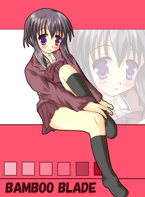 hiiragi tomoka, kawazoe tamaki, bamboo blade, 00s, 1girl, black hair, black socks, copyright name, dress, female focus, full body, kneehighs, long sleeves, purple eyes, red dress, short hair, socks, solo, zoom layer