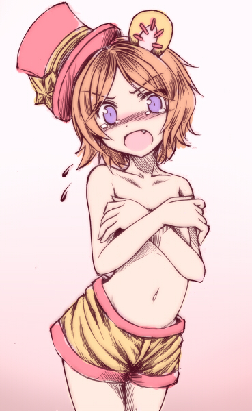 maou mikage, emil chronicle online, 1girl, animal ears, bear ears, bear girl, blush, brown hair, covering breasts, covering privates, embarrassed, fang, flat chest, flying sweatdrops, hat, navel, nose blush, open mouth, orange shorts, pink background, purple hair, red hat, shorts, solo, tearing up, tiny zero alma, topless female, v-shaped eyebrows