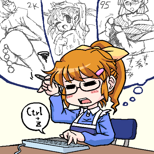 os-tan, lowres, tagme, computer keyboard, glasses, keyboard, oekaki, solo, speech bubble, thought bubble