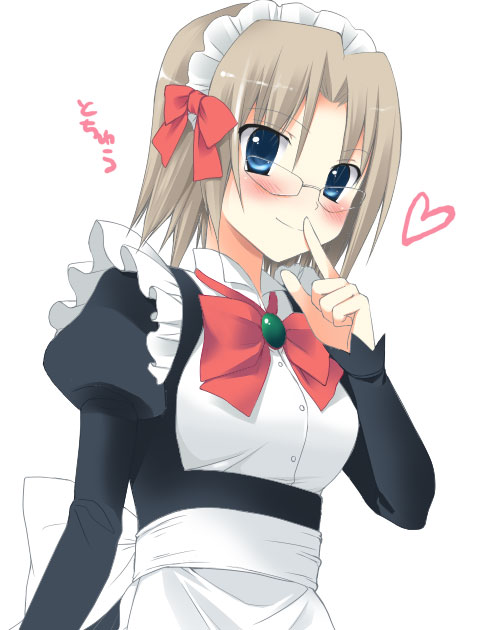 chany, harukaze chiharu, hayate no gotoku!, 00s, 1girl, apron, blue eyes, blush, bow, bowtie, female focus, finger to mouth, glasses, grey hair, hair bow, juliet sleeves, long sleeves, maid, maid apron, maid headdress, puffy sleeves, short hair, smile, solo, underbust, waist apron, white background