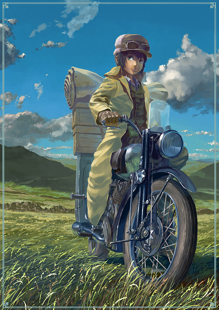 reise, hermes (kino no tabi), kino (kino no tabi), kino no tabi, luggage, vehicle, 00s, 1girl, androgynous, cloud, day, female focus, field, motor vehicle, motorcycle, realistic, reverse trap, sky, solo