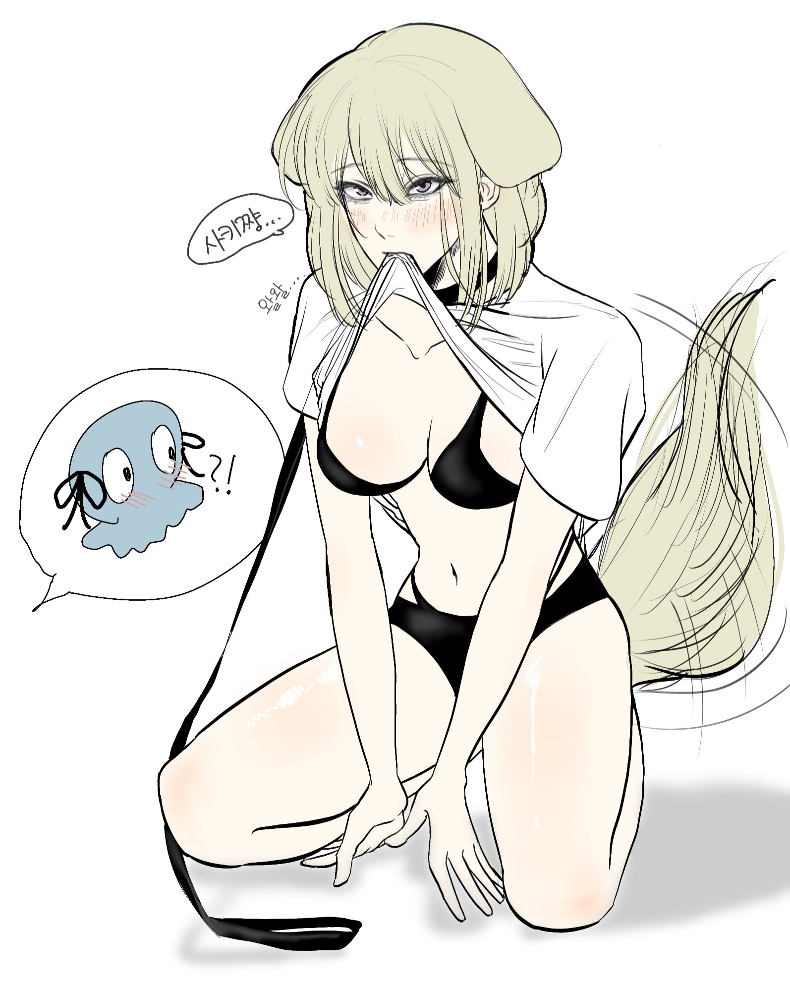 misumi uika, togawa sakiko, bang dream!, bang dream! it's mygo!!!!!, commentary request, highres, korean commentary, 1girl, animal ears, black bra, black panties, blonde hair, blush, bra, breasts, dog ears, dog girl, dog tail, implied yuri, kamkyung, kemonomimi mode, large breasts, lifting own clothes, long hair, medium hair, navel, panties, purple eyes, shirt, stomach, tail, underwear, white shirt