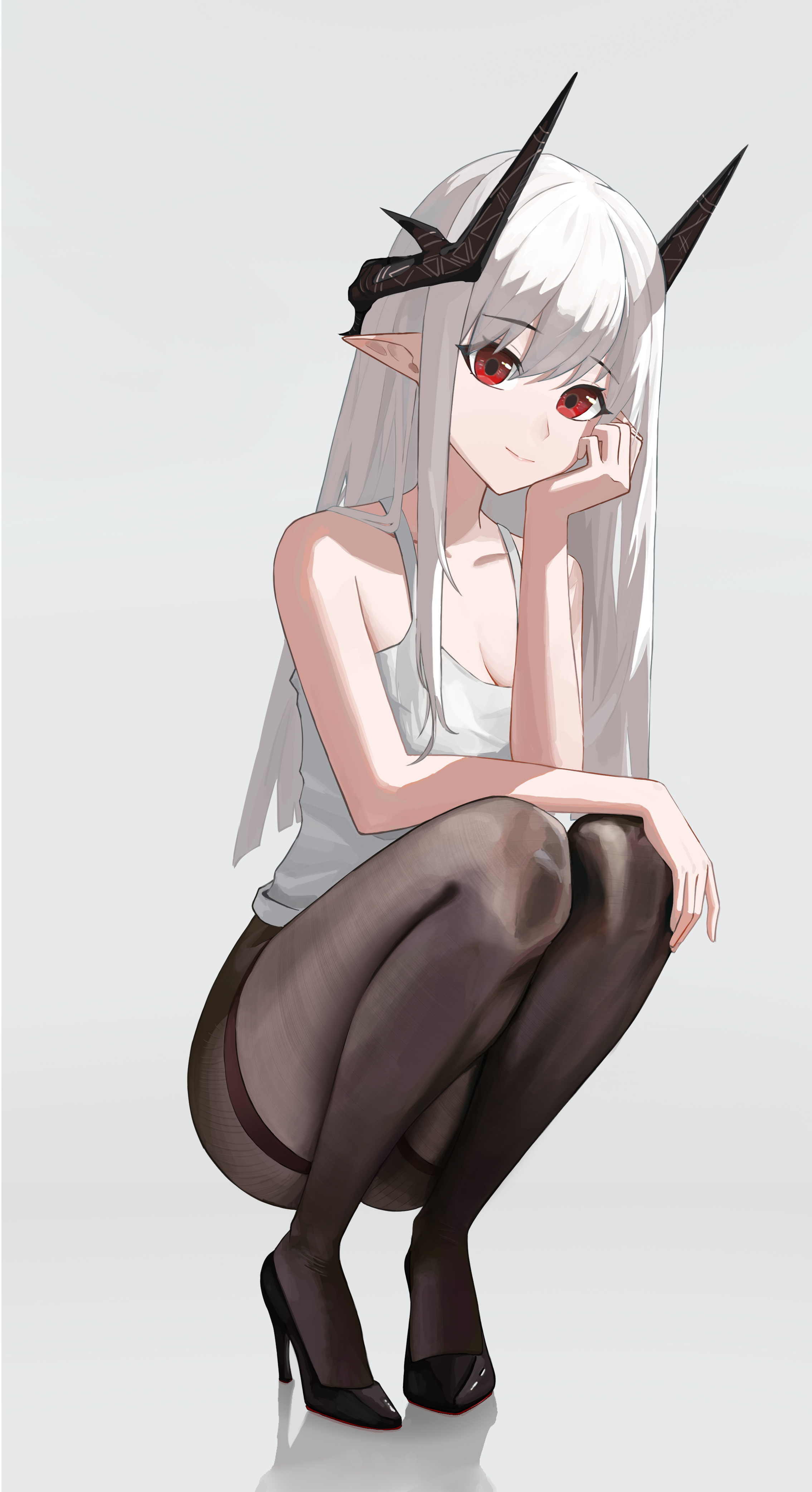 manato (user htfd4528), mudrock (arknights), arknights, absurdres, chinese commentary, commentary, highres, 1girl, bare arms, bare shoulders, black horns, black shoes, breasts, brown pantyhose, camisole, cleavage, closed mouth, collarbone, full body, hair between eyes, hand on own knee, head rest, high heels, horns, long hair, looking at viewer, medium breasts, pantyhose, pointy ears, red eyes, reflection, reflective floor, shoes, sleeveless, smile, solo, squatting, white camisole, white hair