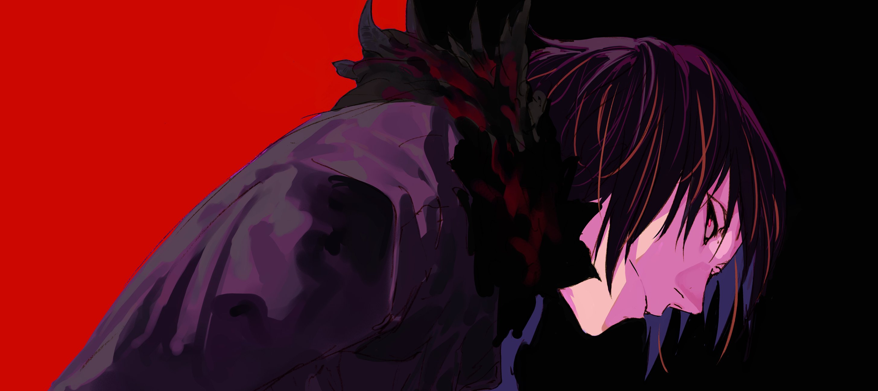 pako (pakosun), occultic;nine, science adventure, highres, official art, 1boy, black hair, from side, jacket, kusakabe kiryuu, leaning forward, leather, leather jacket, male focus, medium hair, pale skin, red background, red eyes, serious, simple background, solo, upper body
