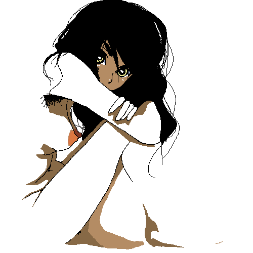 lowres, 1girl, armpit hair, black hair, dark-skinned female, dark skin, female focus, female pubic hair, long hair, nipples, nude, oekaki, partially colored, pubic hair, shadow, sitting, solo, yellow eyes