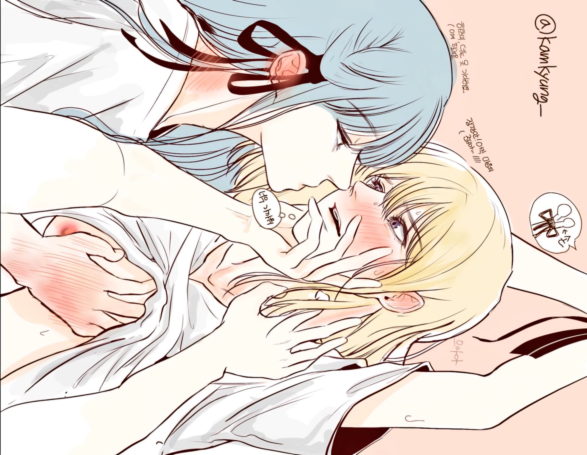 misumi uika, togawa sakiko, bang dream!, bang dream! it's mygo!!!!!, commentary request, highres, korean commentary, translation request, 2girls, blonde hair, blue hair, blush, ear blush, extra arms, groping, hair between eyes, hair ribbon, kamkyung, korean text, long hair, medium hair, multiple girls, no bra, purple eyes, restrained, ribbon, shirt, sidelocks, white shirt, yuri