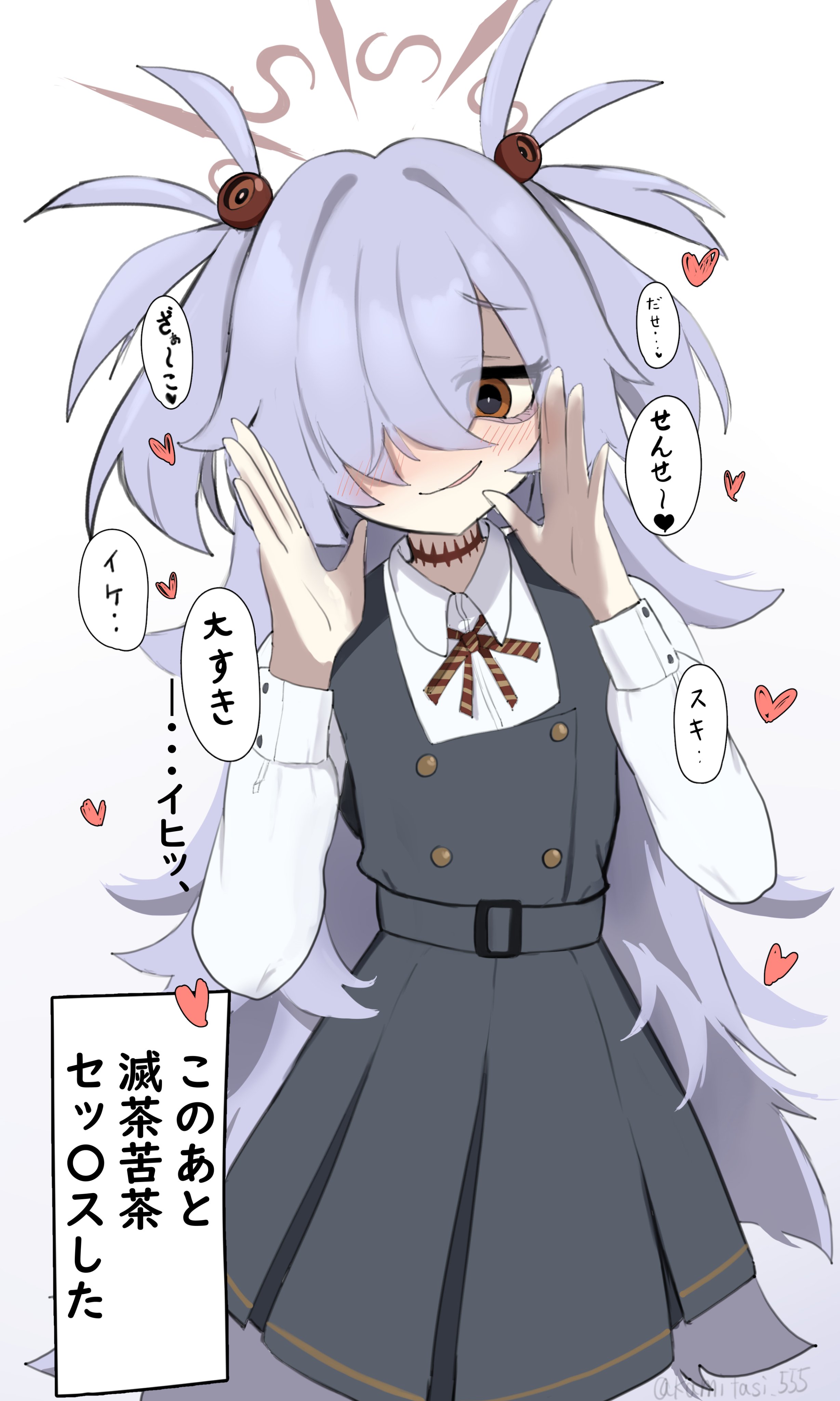 kanoe (blue archive), blue archive, absurdres, commentary, highres, translated, 1girl, artist name, blush, brown halo, brown ribbon, buttons, diagonal-striped ribbon, dress, grey hair, hair ornament, hair over one eye, halo, heart, kamitasi 555, long hair, looking at viewer, meme, messy hair, orange eyes, pinafore dress, ribbon, scar, scar on neck, shirt, simple background, sleeveless, sleeveless dress, smile, smug, solo, they had lots of sex afterwards (meme), twitter username, two side up, very long hair, white background, white shirt