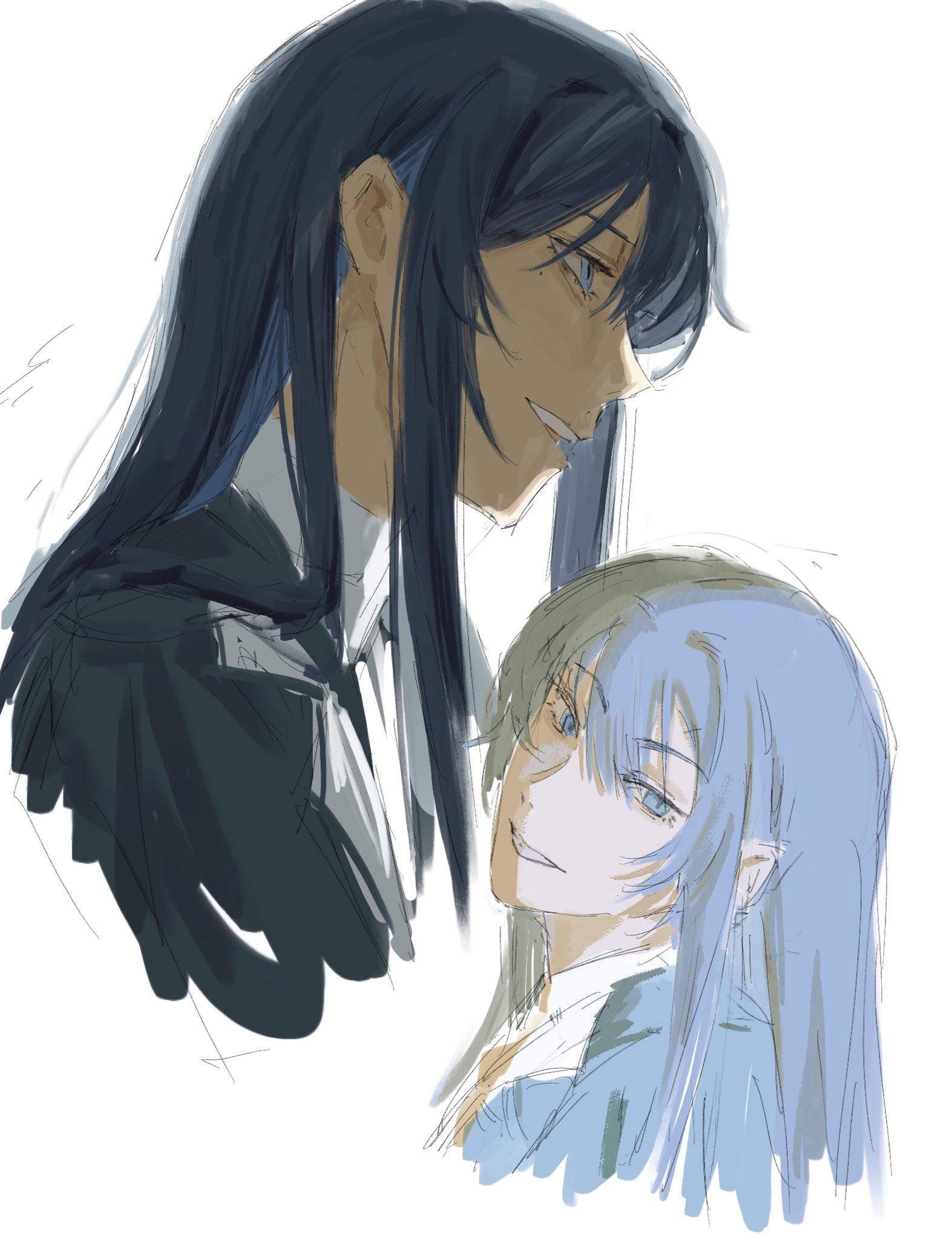 chando (ado), ado (utaite), commentary, english commentary, highres, 1girl, blue eyes, blue hair, kat (xkattykitkatz), long hair, mole, mole under eye, multiple views, open mouth, sidelocks, simple background, utaite, white background
