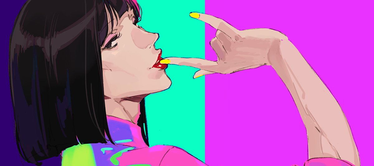 pako (pakosun), occultic;nine, science adventure, official art, tagme, 1boy, black hair, blush (makeup), bob cut, boots, close-up, from side, izumi kouhei (occultic;nine), lipstick, makeup, medium hair, open collar, pink boots, pink shirt, profile, shirt, sleeves rolled up, solo, upper body, yellow nails