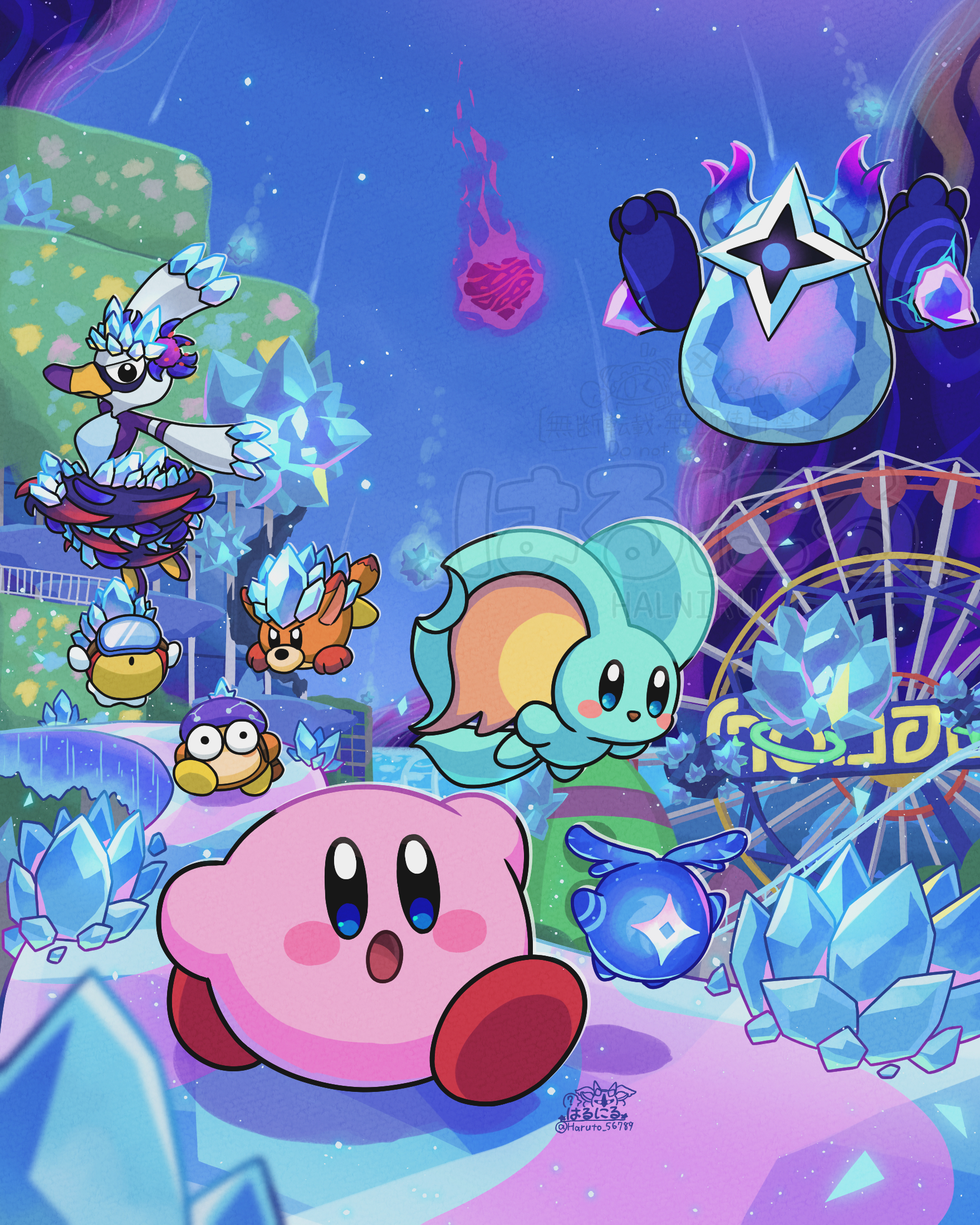 astronomer waddle dee, awoofy, blipper, elfilin, fleurina, kirby, starry (kirby), kirby (series), kirby and the forgotten land, nintendo, star-crossed world, commentary request, highres, backpack, bag, black eyes, blush stickers, constellation print, crystal awoofy, crystal blipper, crystal fleurina, ferris wheel, fish, galactal (kirby), goggles, haruneko (haruto 56789), hat, no humans, open mouth
