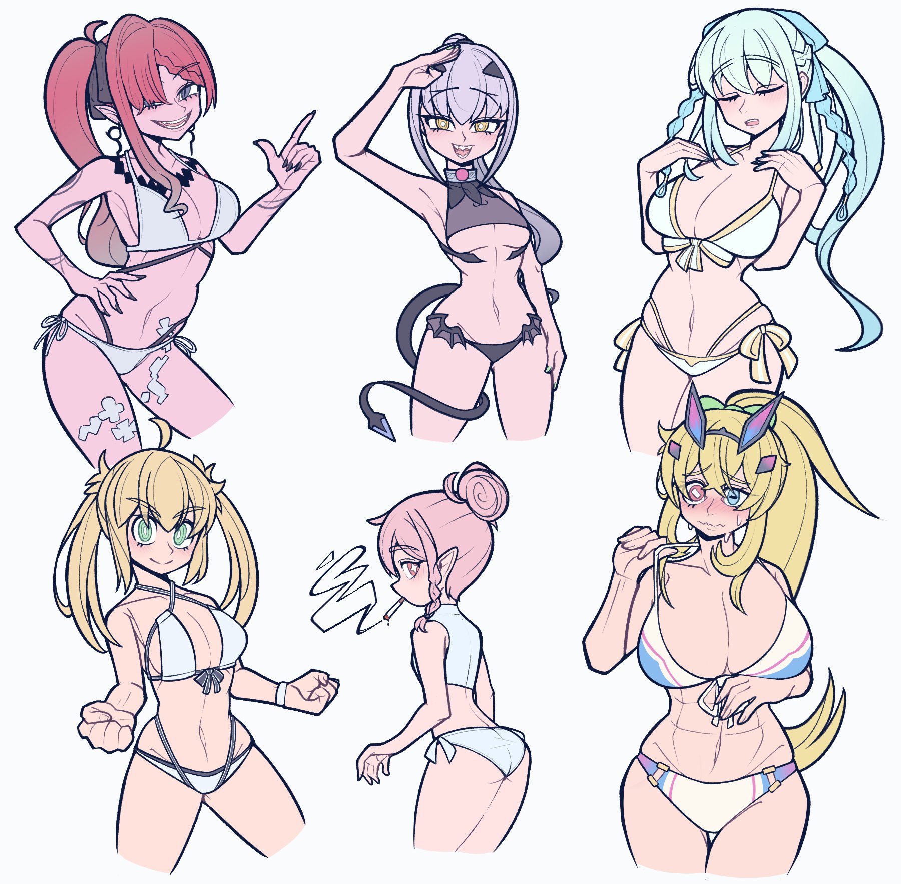 artoria caster (fate), artoria caster (swimsuit berserker) (fate), artoria caster (swimsuit berserker) (first ascension) (fate), artoria pendragon (fate), baobhan sith (fate), baobhan sith (swimsuit pretender) (third ascension) (fate), barghest (fate), barghest (swimsuit archer) (final ascension) (fate), habetrot (fate), melusine (fate), melusine (swimsuit ruler) (fate), melusine (swimsuit ruler) (first ascension) (fate), morgan le fay (fate), morgan le fay (water princess) (fate), fate/grand order, fate (series), highres, 6+girls, blonde hair, blush, bow, braid, breasts, closed eyes, closed mouth, green eyes, grey eyes, grey hair, hair between eyes, hair bow, heterochromia, ichigo berry, long hair, looking at viewer, multiple girls, nail polish, open mouth, pink hair, ponytail, shirt, simple background, smile, swimsuit, twintails, very long hair, white background, white shirt, yellow eyes
