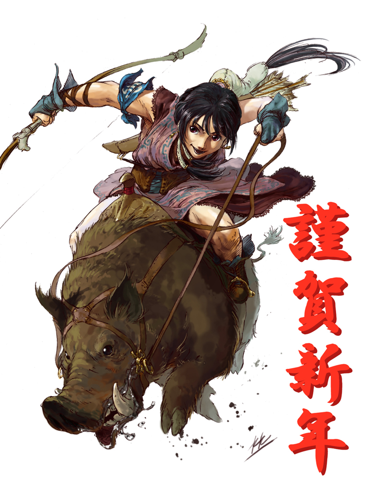 reise, akeome, arrow (projectile), boar, bow, bow (weapon), happy new year, new year, ponytail, solo, weapon