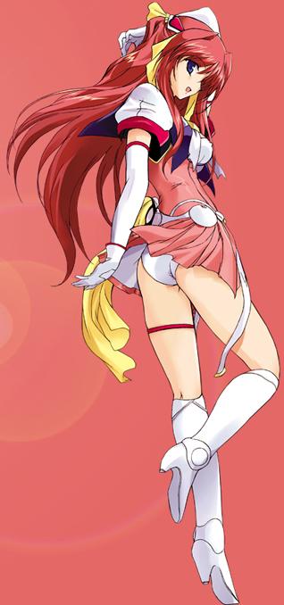 escalayer, choukou (alicesoft), choukou tenshi escalayer, 00s, 1girl, elbow gloves, female focus, gloves, hair ribbon, long hair, panties, pantyshot, pink hair, ribbon, solo, underwear