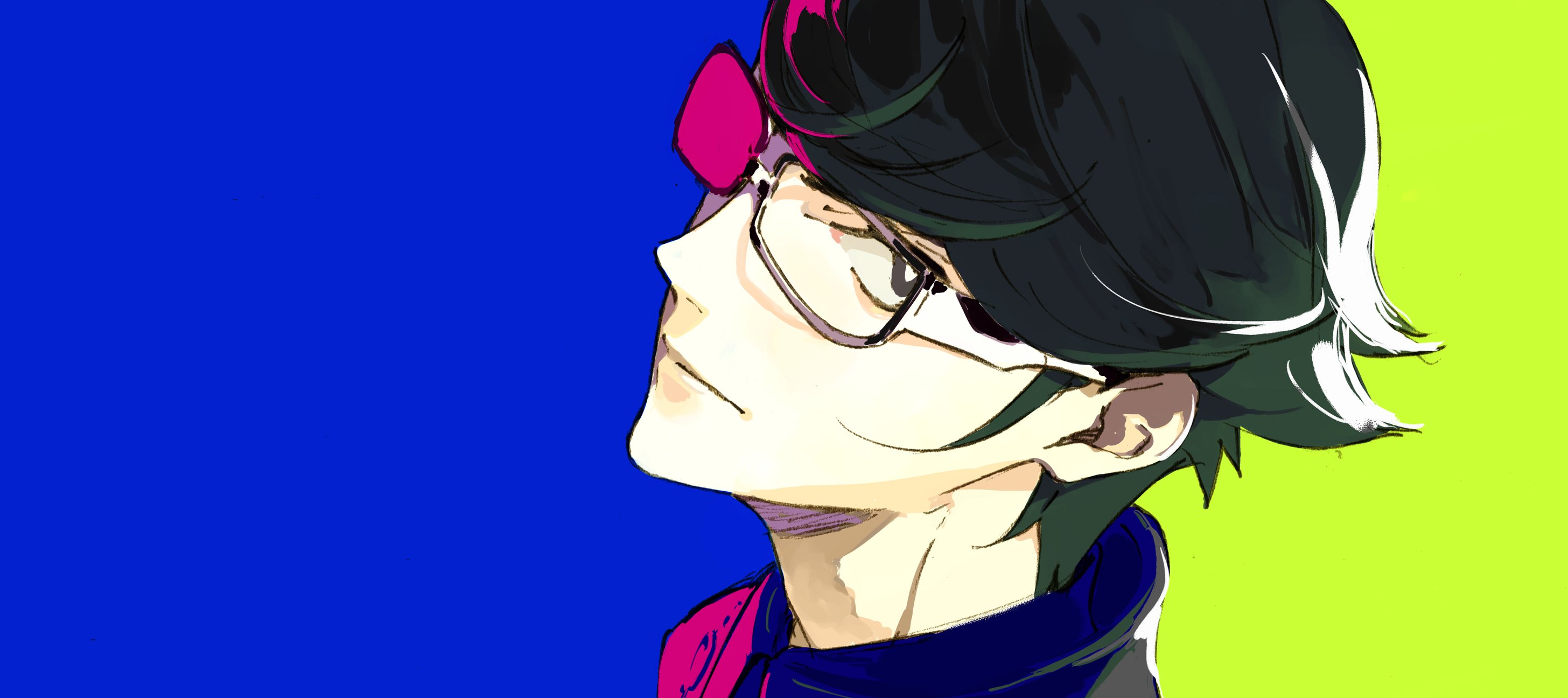 pako (pakosun), hashigami sarai, occultic;nine, science adventure, highres, official art, 1boy, black eyes, black hair, blue background, blue coat, coat, glasses, green background, head tilt, looking at viewer, male focus, opaque glasses, partially opaque glasses, portrait, serious, short hair, sideways glance, simple background, solo, upper body