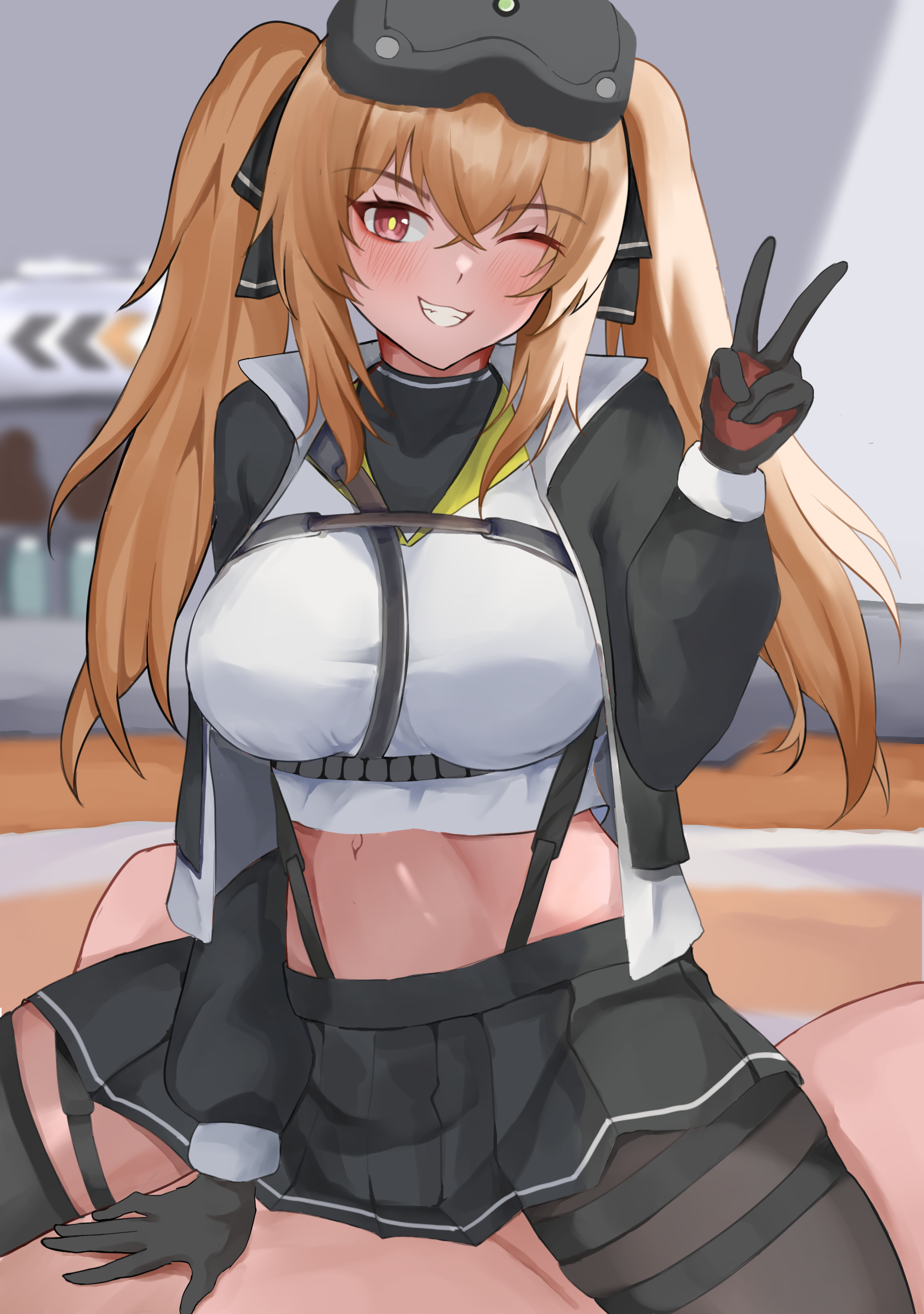 fiftya, lenna (girls' frontline 2), ump9 (girls' frontline), girls' frontline, girls' frontline 2: exilium, absurdres, highres, 1boy, 1girl, ;d, black gloves, black ribbon, black skirt, blush, breasts, brown hair, clothed female nude male, cowgirl position, cropped jacket, cropped shirt, deep penetration, girl on top, gloves, grin, hair between eyes, hair ribbon, hand up, hands on another's stomach, happy sex, head-mounted display, hetero, indoors, jacket, large breasts, large penis, looking at viewer, miniskirt, navel, nude, one eye closed, open clothes, open jacket, open mouth, orange hair, penis, pink eyes, pleated skirt, pov, ribbon, sex, shirt, skirt, smile, solo focus, spread legs, stomach, stomach bulge, straddling, thigh strap, thighhighs, thighs, twintails, v, vaginal, white shirt