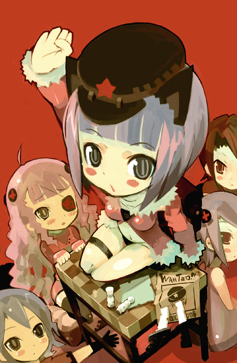 hiruma andon, ke1rou, 5girls, animal ears, cat ears, eyepatch, hat, multiple girls, thigh strap