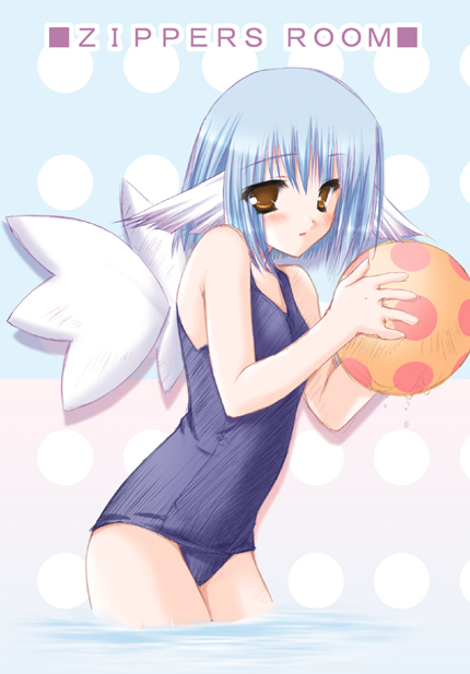 moekibara fumitake, moekibara humitake, yumina, purism egoist, animal ears, ball, beachball, blue hair, blush, cat ears, one-piece swimsuit, orange eyes, rabbit ears, school swimsuit, short hair, skirt, solo, swimsuit, wading, water, wings