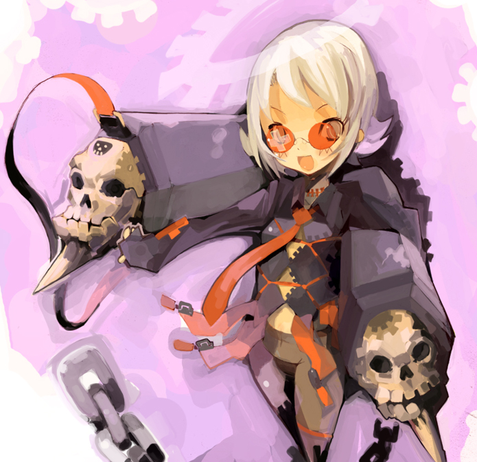 hiruma andon, ke1rou, 1girl, female focus, glasses, m1 bazooka, rocket launcher, skull, solo, weapon