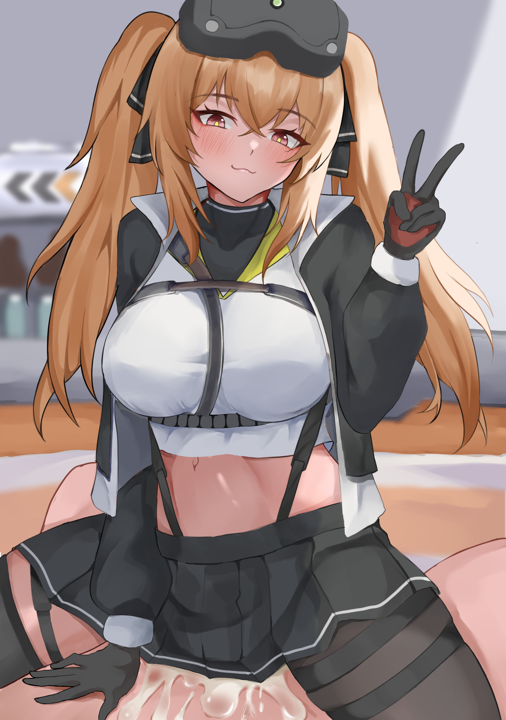 fiftya, lenna (girls' frontline 2), ump9 (girls' frontline), girls' frontline, girls' frontline 2: exilium, absurdres, highres, 1boy, 1girl, :3, black gloves, black ribbon, black skirt, blush, breasts, brown hair, clothed female nude male, cowgirl position, cropped jacket, cropped shirt, cum, cum in pussy, cum overflow, deep penetration, girl on top, gloves, hair between eyes, hair ribbon, hand up, hands on another's stomach, happy sex, head-mounted display, hetero, indoors, jacket, large breasts, large penis, looking at viewer, miniskirt, navel, nude, open clothes, open jacket, orange hair, penis, pink eyes, pleated skirt, pov, pussy juice, ribbon, sex, shirt, skirt, smug, solo focus, spread legs, stomach, stomach bulge, straddling, thigh strap, thighhighs, thighs, twintails, v, vaginal, white shirt