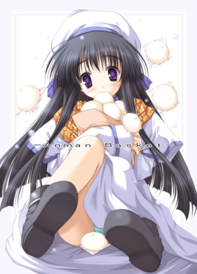 moekibara fumitake, moekibara humitake, yukizuki sumino, snow (game), 1girl, bag, black hair, blush, boots, english text, female focus, food, green panties, hat, long hair, milestone celebration, panties, purple eyes, scarf, sitting, skirt, snow, solo, sweets, underwear