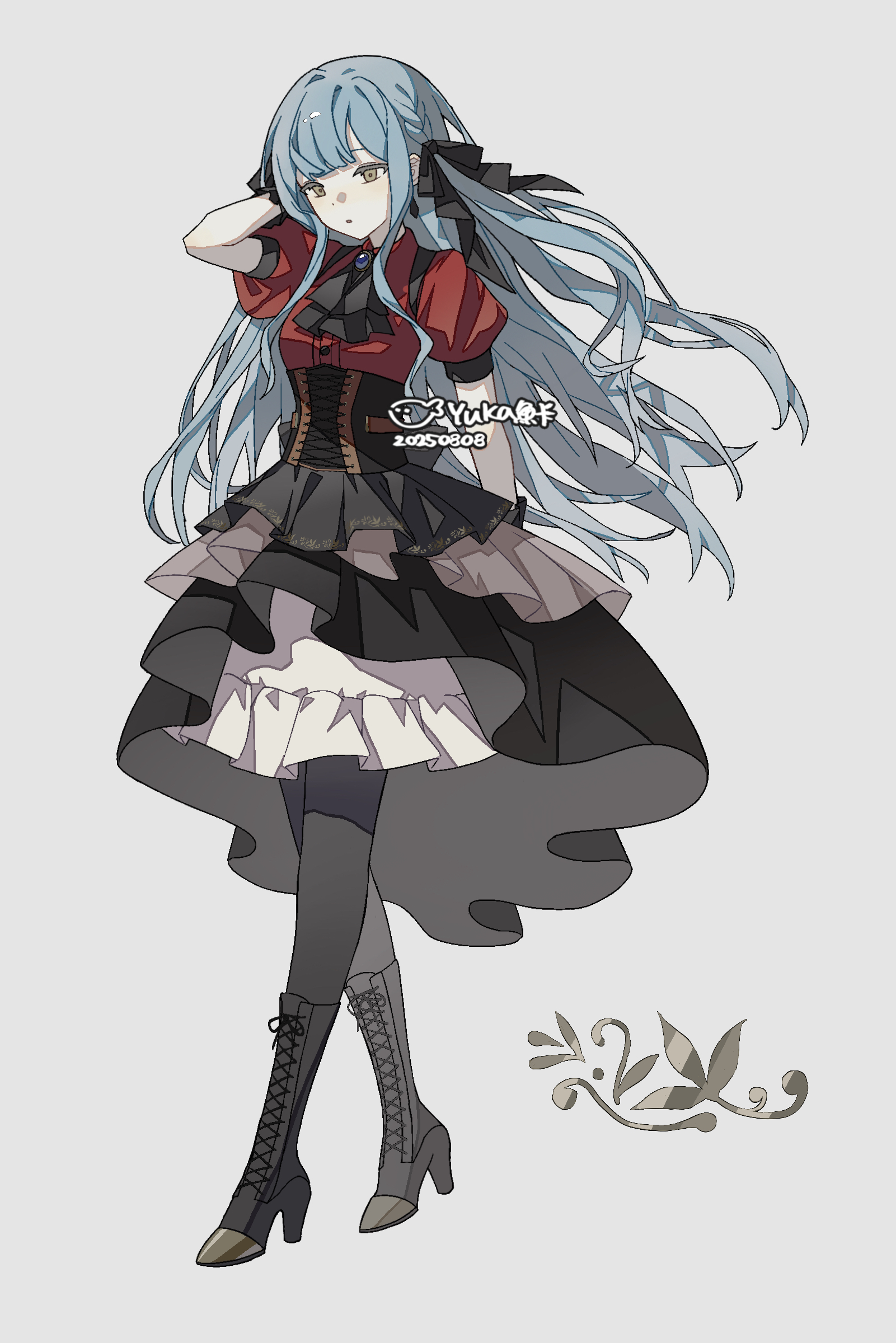 oblivionis (bang dream!), togawa sakiko, bang dream!, bang dream! it's mygo!!!!!, absurdres, chinese commentary, commentary request, highres, 1girl, arm up, ascot, black ascot, black boots, black corset, black pantyhose, black ribbon, black skirt, blue brooch, blue hair, boots, corset, dated, earrings, full body, grey background, hair ribbon, high heel boots, high heels, jewelry, knee boots, lace-up boots, long hair, pantyhose, puffy short sleeves, puffy sleeves, red shirt, ribbon, shirt, short sleeves, sidelocks, signature, simple background, skirt, solo, standing, two side up, yellow eyes, yuka (chengyzy)