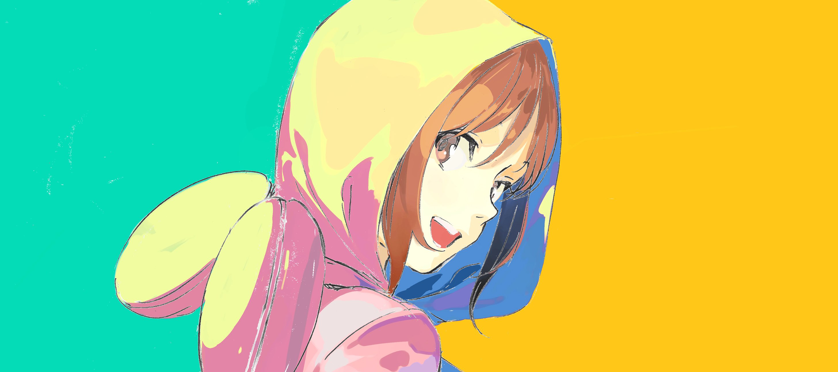 pako (pakosun), aikawa miyuu, occultic;nine, science adventure, highres, official art, 1girl, animal ear hood, blue background, brown eyes, brown hair, fake animal ears, hair between eyes, hood, hood up, hooded jacket, jacket, looking at viewer, looking back, open mouth, orange background, pink jacket, sidelocks, simple background, smile, solo, tongue, yellow hood