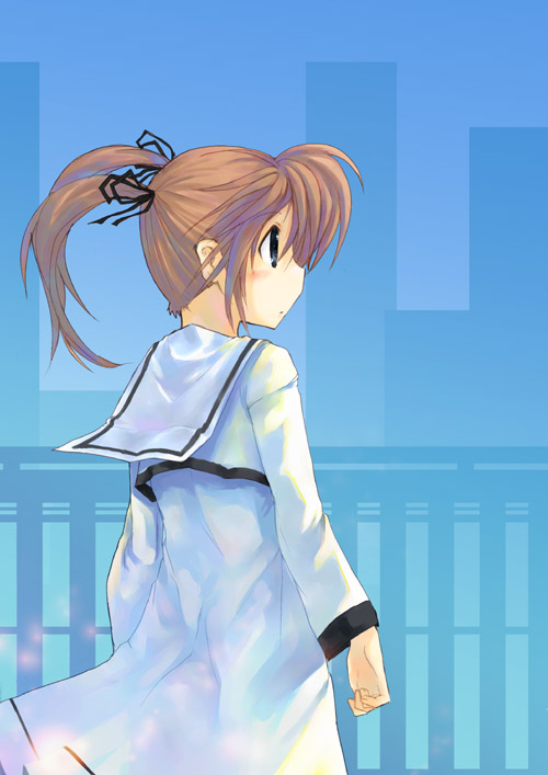 karamiti, takamachi nanoha, lyrical nanoha, mahou shoujo lyrical nanoha, 00s, 1girl, blush, brown hair, butterfly hair ornament, dress, female focus, from side, green eyes, hair ornament, hair ribbon, long sleeves, profile, ribbon, sailor collar, sailor dress, school uniform, serafuku, sidelocks, solo, twintails, white dress
