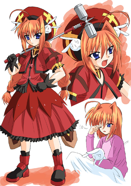 graf eisen, vita (nanoha), lyrical nanoha, mahou shoujo lyrical nanoha, mahou shoujo lyrical nanoha a's, 00s, 1girl, blue eyes, braid, dress, gloves, hat, red hair, twin braids